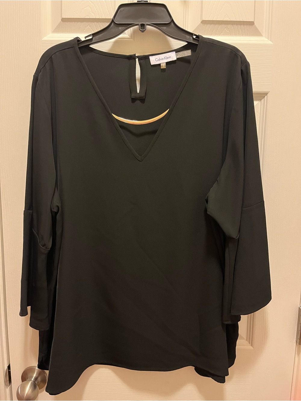 Calvin Klein 2X Black Blouse Gold Bar V Neck Flare Sleeve